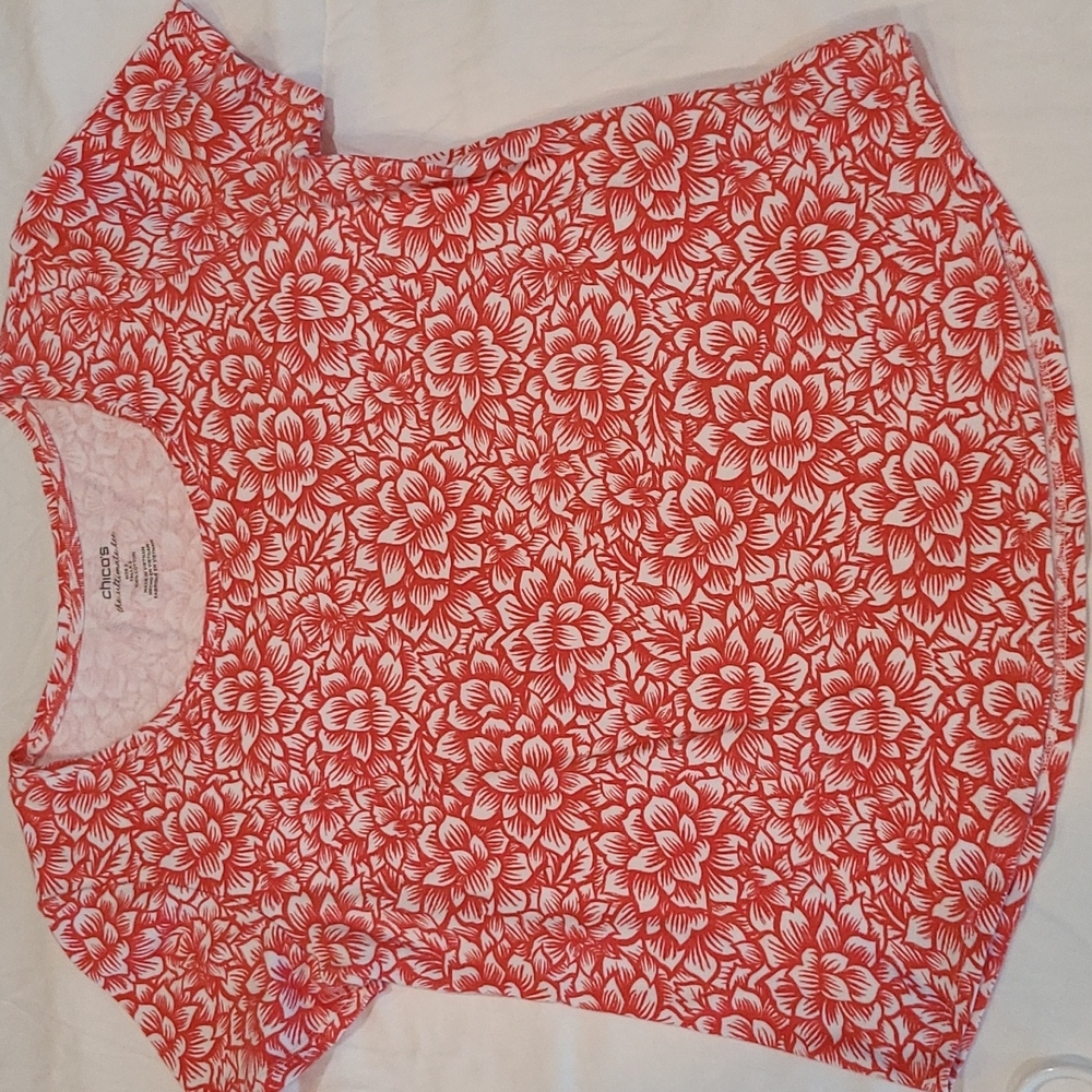 Chico's Floral Tee Size 2 Red & White